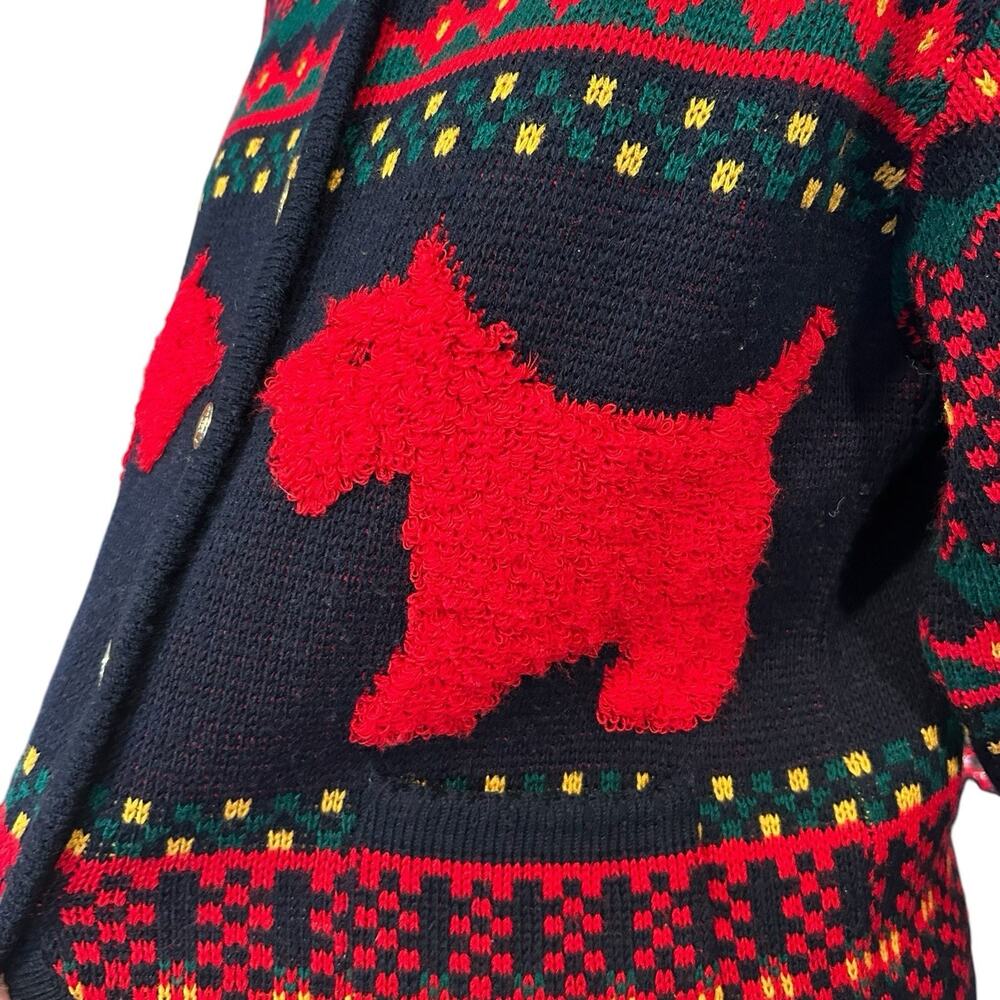 Vintage 80s Dog Fair Isle Cardigan Navy Red Gold Buttons Novelty Knit L - Picture 11 of 14